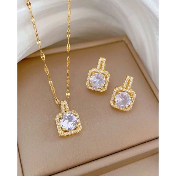 18K Gold Plated Stainless Steel Necklace & Earrings Set With Zirconia - Picture 1 of 4